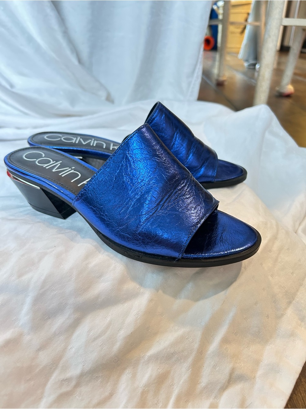 Calvin Klein Metallic Royal Blue Open-Toe Mule Sandals